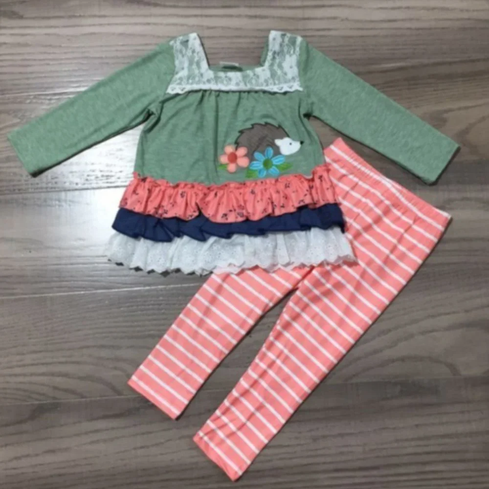 NEW Boutique Hedgehog Ruffle Tunic & Striped Leggings Girls Outfit Set